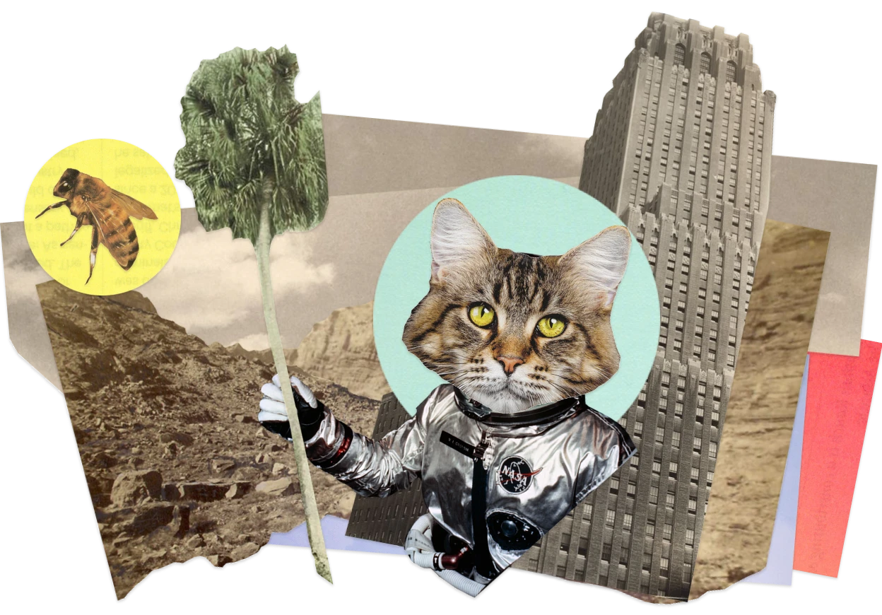 Surreal paper-collage scene featuring a cat’s head inside a space helmet on an astronaut’s body, holding a palm tree like a flag, set against desert mountains, a tall art-deco skyscraper, layered paper textures, and a floating yellow circle with a bee.