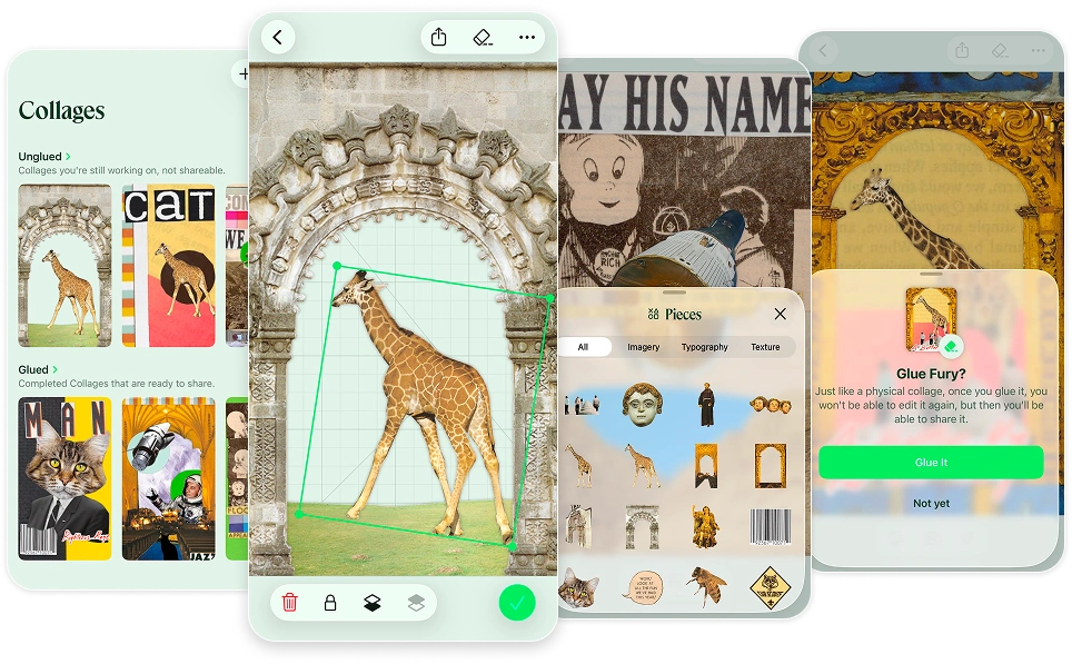 Multiple Pezzos app screens showing: a grid of collages, an editor placing and transforming a giraffe cutout inside an ornate frame, a pieces browser, and a glue confirmation screen.