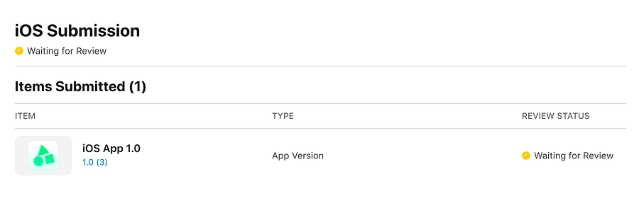 App Store Connect screenshot showing an iOS Submission with status 'Waiting for Review'. One item submitted: iOS App 1.0 (version 1.0, build 3), type App Version, review status Waiting for Review. The Pezzos app icon is displayed to the left.